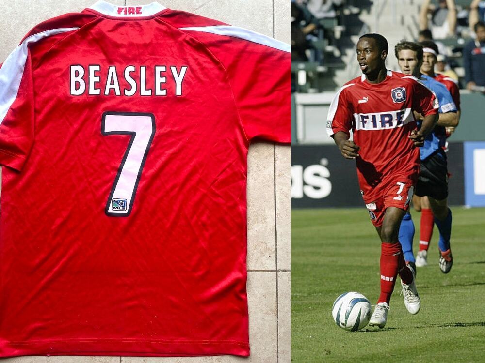 DaMarcus BEASLEY #7 Chicago Fire 2003-2004 PUMA jersey L red away MLS soccer vtg